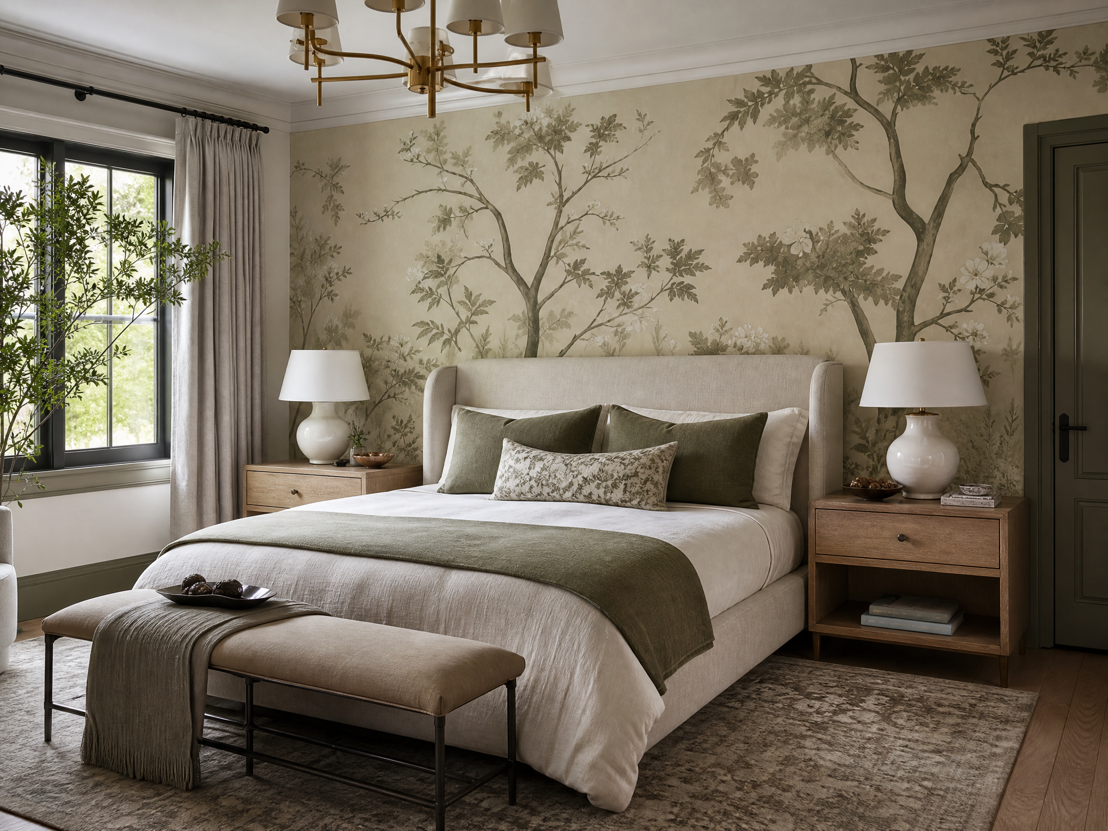 Serene modern bedroom with dusty olive wallpaper