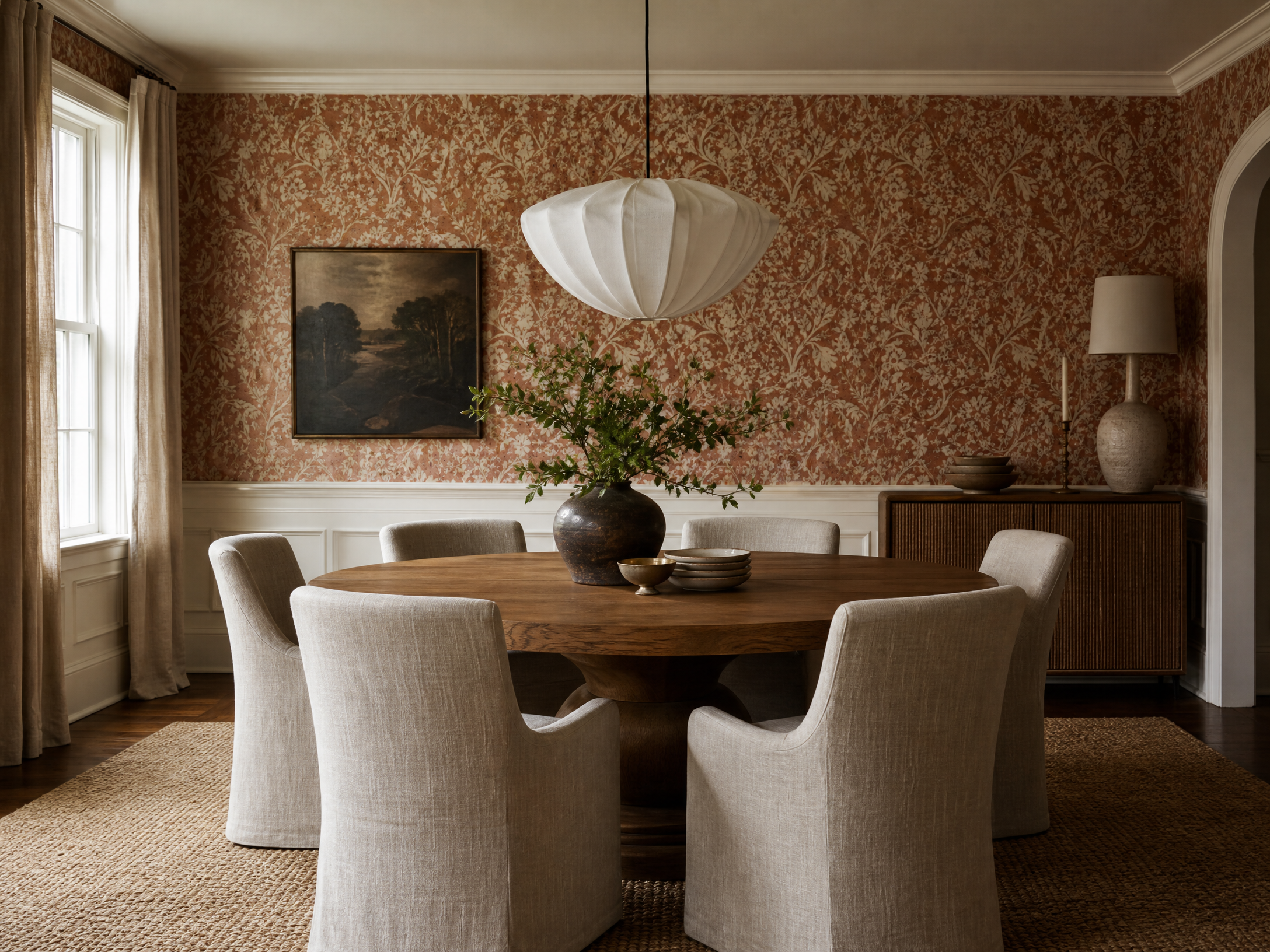Elegant dining room with terracotta patterned wallpaper