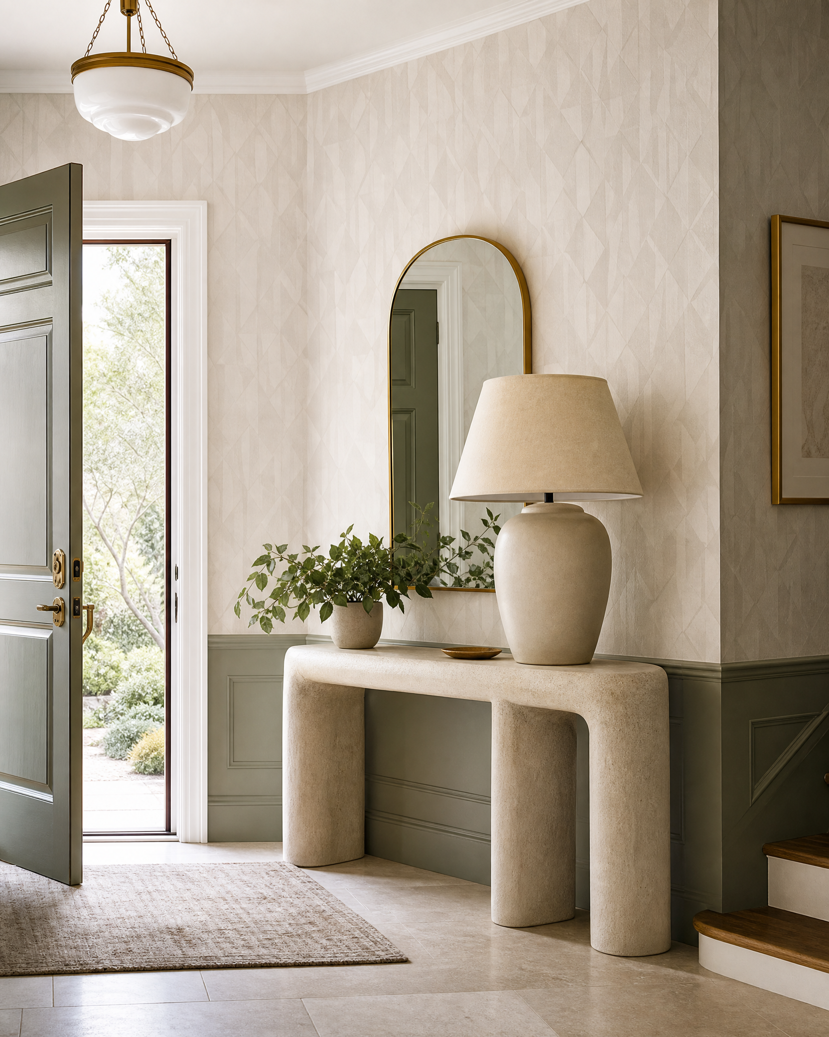 Wallpapered foyer with sculptural console and natural stone floor