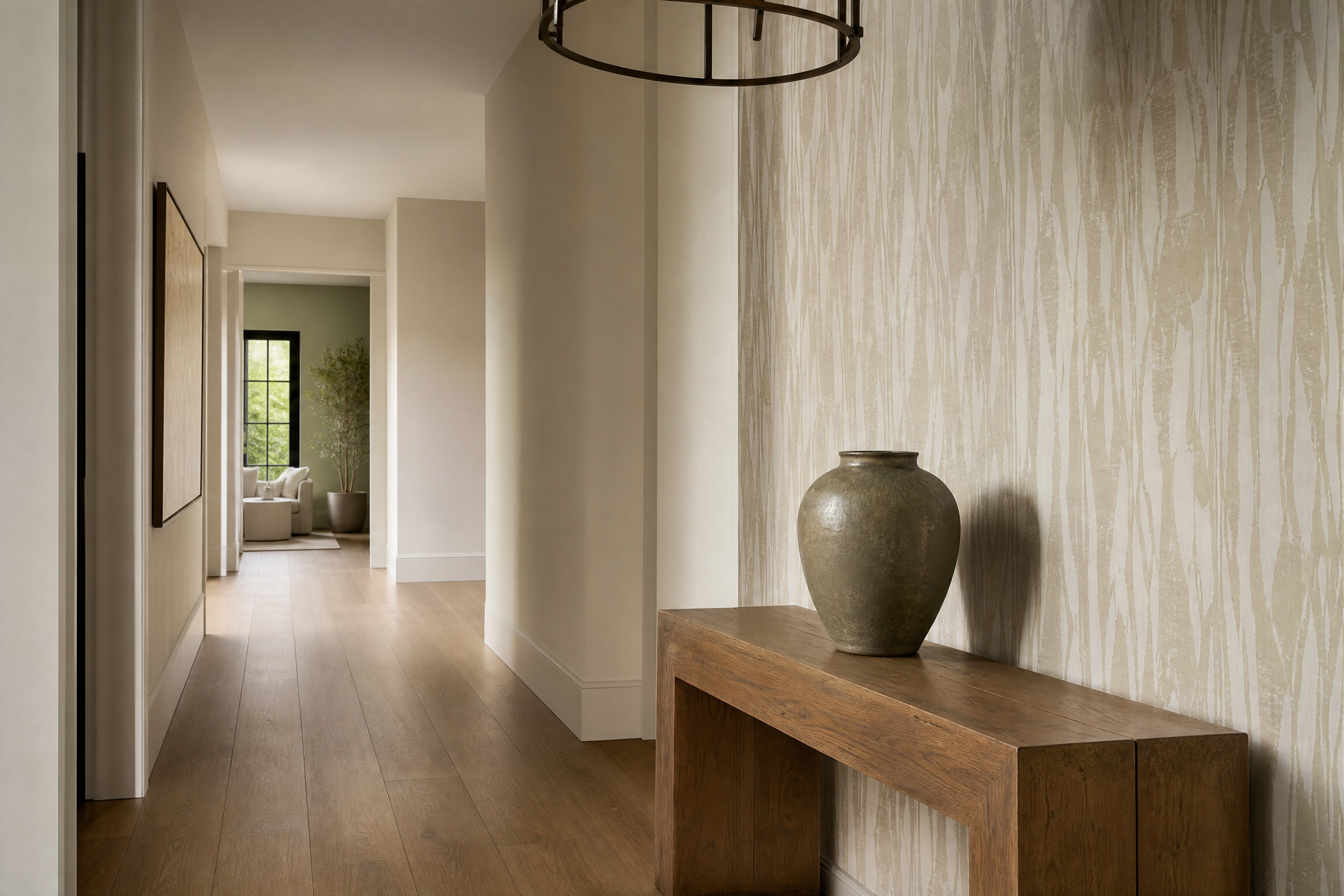 Contemporary hallway with softly patterned wallpaper