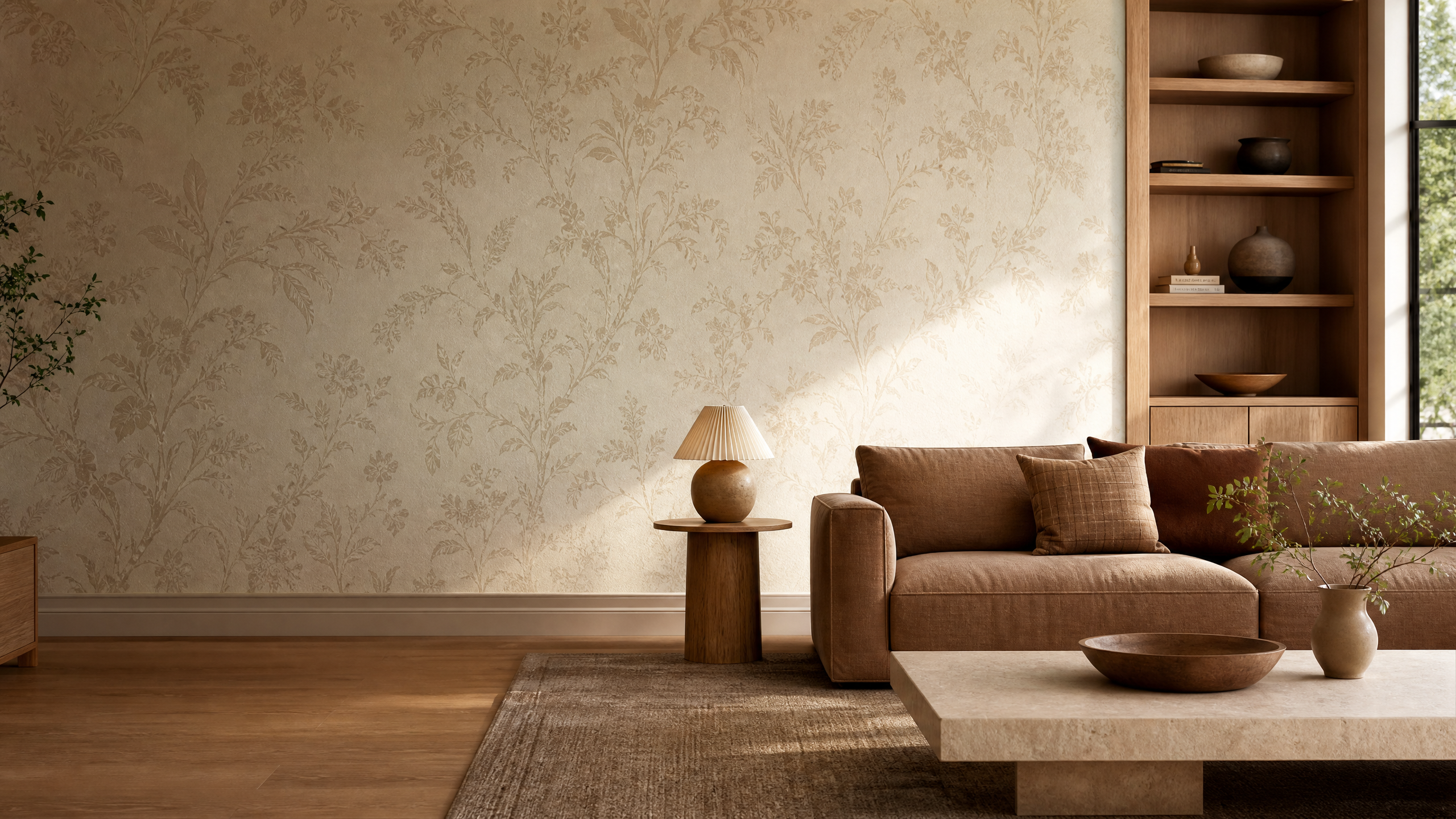 Warm wallpapered American living room with natural oak and linen furnishings