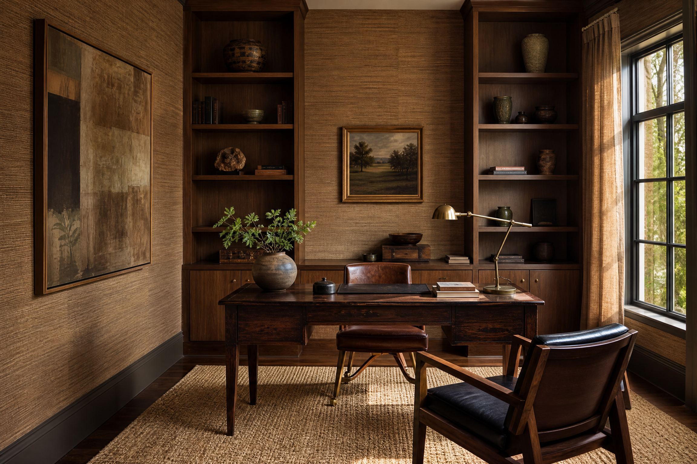 Sophisticated home office with textured grasscloth wallpaper