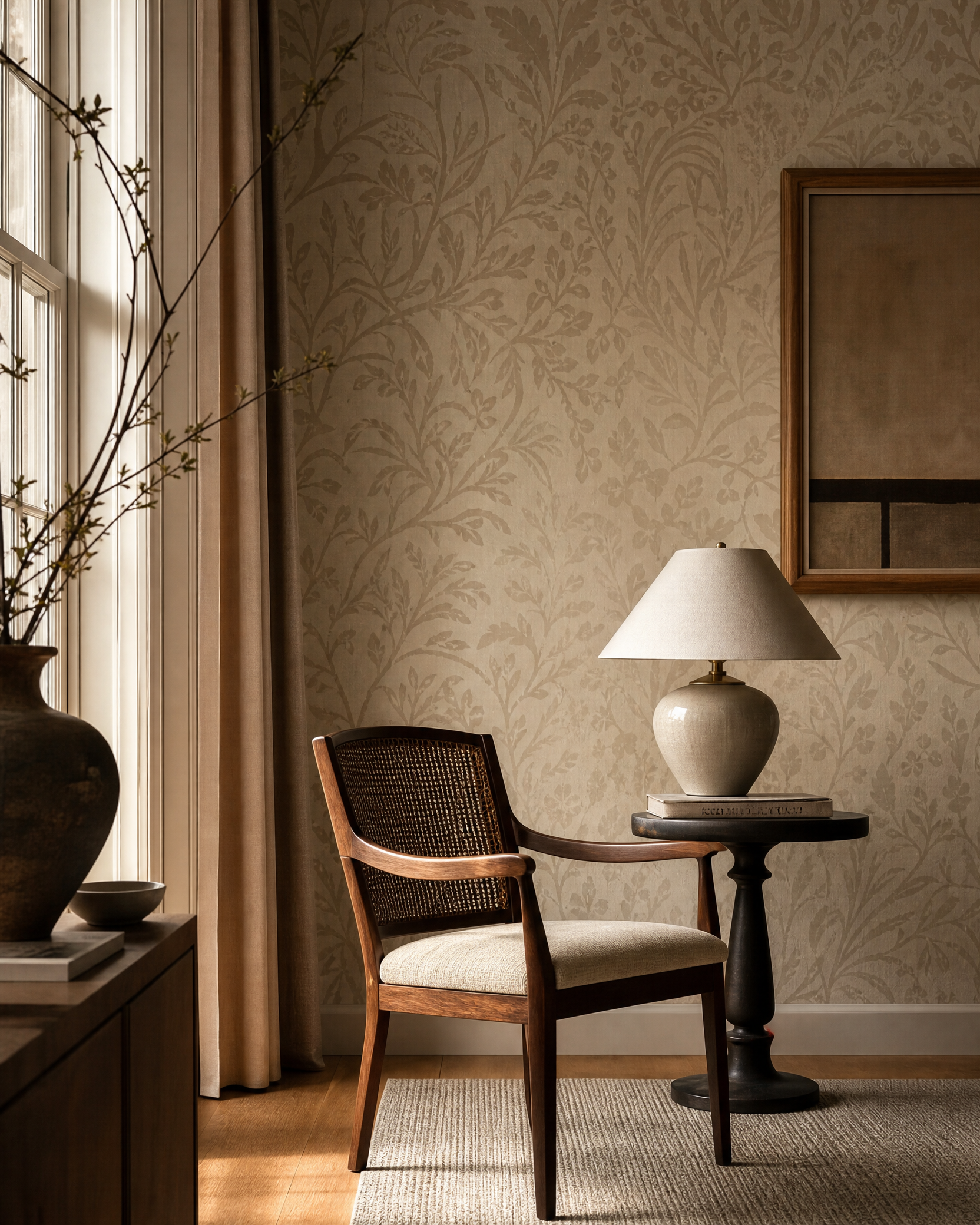 Wallpapered reading nook with walnut furniture and warm light
